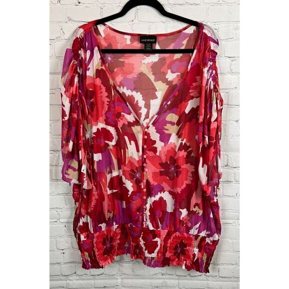 LANE BRYANT floral white pink red semi-sheer blouse top 30/32 - Picture 1 of 6